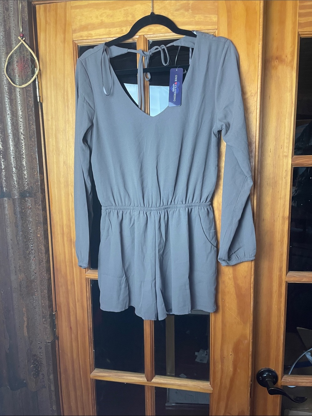 Romper Alert!!!Grey V-Neck Long Sleeve Romper, Size S